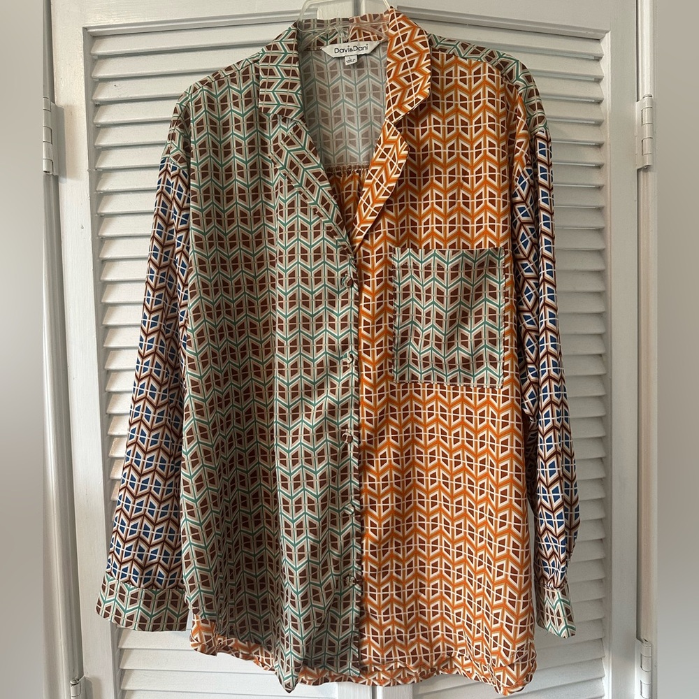 DAVI & DANI Size Large Retro Inspired Multicolor Geometric Shirt Blouse